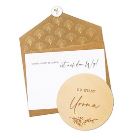Joli Coon Du wirst Uroma Wooden Disc with Folding Envelope and Seal Sticker - Announce Pregnancy Uroma