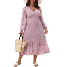 CUPSHE Women's Plus Size Dress V Neck Long Sleeve Lace Ruffled Casual Flowy A Line Maxi Formal Dress, 3XL Mauve Pink