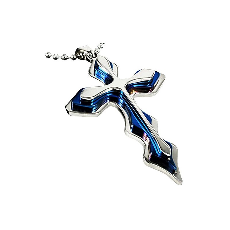 YZG Cross Necklace, Stainless Steel, Men's/Women's Blue Silver
