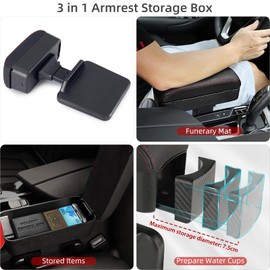 Rupse Universal Car Armrest Storage Box with Cup Holder, Adjustable Wrist Support, Center Console Organizer for Most Cars (Black Red Line)