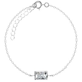 KGX STORES Sterling Silver Bracelet 925 Adjustable 15.6+3cm Extension Chain with a Clear Cubic Zirconia Centered Stone Ladies Women Gift Box (Rectangle)
