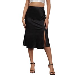 Mist Azur Women Silky Satin Side Split Skirt High Waist Elastic Elegant A Line Midi Skirts for Women MA7301 (Black, S)