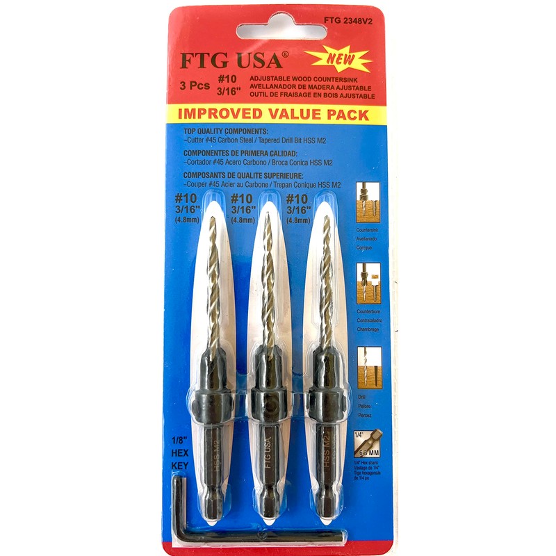 FTG USA 3 Pc #10 (3/16") Adjustable Wood Countersink Drill