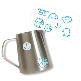APLAINR Pour Pitcher, Child Mini Stainless Steel Pitcher with Stickers, Montessori Pitcher for Toddlers, Metal Pitcher for Kids, 3.8" High, 11 fl oz