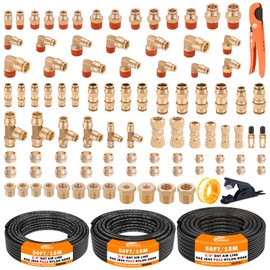 CheeMuii 100 PCS Brass DOT Air Line Fittings with 3 Roll 50FT 1/4" 3/8" 1/2" DOT Air Lines Kit Push Lock Air Fitting Quick Connect Air Fittings with Air Hose Pneumatic Tubing