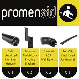 Promenaid 4ft ADA Handrail Kit - Satin Black - Complete Indoor/Outdoor Handrail for Stairs - 1.6" Round Anodized Aluminum Railing with 3 Satin Black Painted Pivoting Brackets & ADA Wall Returns