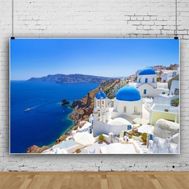 Leowefowa 10x8ft Vinyl Greece Santorini Island Photo Backdrop Aegean Seascape Background Honeymoon Trip Backdrop Travel Theme Wedding Bridal Shower Party Decor Banner Photo Studio Props