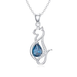 BETHZA Cat Necklace for Womem Sterling Silver Blue Topaz Cat Pendant Necklace Jewelry Gifts for Cat Lovers Mother Girlfriend Sister Her (18"+2")