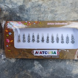 12 Silver Crystal Bindi Bridal face Jewels Forehead Tika Indian Bindis for women bindi Indian multicolor round long small gold (Long 12 bindi - Silver color)