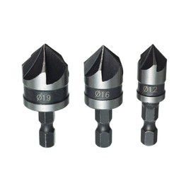 HPMAISON 3pcs 1/4 Inch Hex Shank Woodworking Chamfering Countersink Drill Bit Set 5 Flute 90 Degree Center Countersink Bits 12mm 16mm 19mm for Wood Plastic Aluminium Chamfering