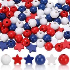 Whaline 210Pcs Patriotic Wood Beads 4th of July Wooden Beads for Crafts Farmhouse White Red Blue Star Round Independence Day Spacer Bead for Memorial Day Craft DIY Garland Tiered Tray Fireplace Decor