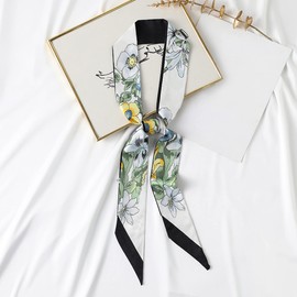 Camilife Women's Girls Faux Silk Long Slim Scarf Elegant Tie Scarf Gentle Hair Scarf Hair Band Hair Accessory Belt 6 x 150 cm - Floral Pattern, Floral Pattern - Black (6×150cm)