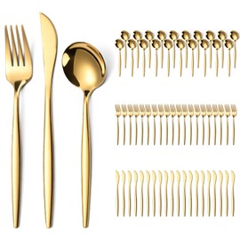 ERVILO 60-Piece Gold Silverware Set for 20, Food Grade Stainless Steel Flatware Set with Thickened Forks Spoons Knives, Mirror Polished Gold Cutlery for Wedding Party Restaurant, Dishwasher Safe