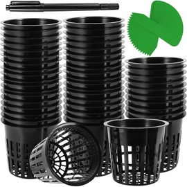 MUKLEI 50 Pack 4 Inch Net Pots, Plastic Nursery Pots Net Cups Garden Slotted Mesh Cup Plant Net Cups Wide Lip Bucket Baskets with Pen and 50 PCS Plant Labels for Hydroponics, Storage Containers