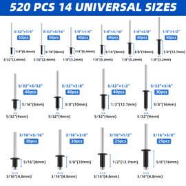 Besitu 520pcs Black Rivets Pop Rivets Assortment Kit,14 Sizes Aluminum Rivets (3/32" 1/8" 5/32" 3/16"), Blind Rivets Set for Metal with Reinfored Divider & Labeled Case