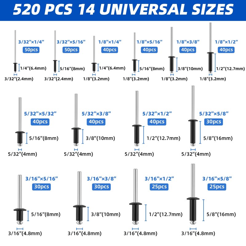 Besitu 520pcs Black Rivets Pop Rivets Assortment Kit,14 Sizes Aluminum