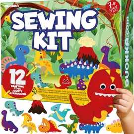QUOKKA Kids Crafts Ages 7-9, DIY Beginner Needle and Thread Kit - 12 Wild Dino Sewing Kit Basic - Fun Arts Crafts for Kids Ages 7-9 Girls Boys - Plastic Needles, Scissors - 7+ Year Old Girl Gifts