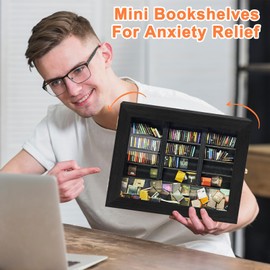 Bookcase for Anxiety, Miniature Bookcase Furniture, Creative Miniature Bookcase for Dollhouses, Wooden Design, Stress Relieving Gift for Book Lovers, Decorative Anti-Anxiety Ornament (Black)