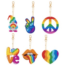 JSRQT 6 PCS Diamond Art Painting Keyrings Rainbow Festival Rhinestone Painting Key Chains Pendant Double Sided Full Drill Diamond Art Keyrings 5D DIY Crystal Keyring Mosaic Making Kit Pride Month