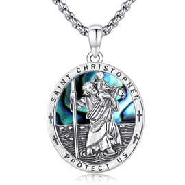 Brisskaari St Christopher Necklace for Women 925 Sterling Silver Saint Christopher Medal Abalone Shell Religious Saint Christopher Pendant Necklaces for Her