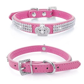 cobee Dog Collar with Rhinestones, Adjustable Cat Collar Bling PU Leather Puppy Collar Crystal Pet Collars for Small Dogs Cats Collar Accessories (Rose Red)