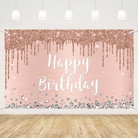 MEHOFOND 1.8 x 1.1m Pink Theme Background Happy Birthday Photography Backdrop and Diamond Decoration Banner Birthday Party Supplies
