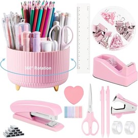 Office Desk Accessories, 15pcs Pink Office Supplies 360°Pen Holder Desk Organizers and Accessories with Pink Stapler and Tape Dispenser Set, Cute Desk Accessories for Women Gift Set