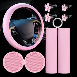 Frienda 10 Pcs Leather Steering Wheel Cover Set for Women 14.5-15 Inch Car Accessories with Seat Belt Shoulder Pad Seatbelt Cover Cup Holder Start Button Ring Sticker Air Vent Clip(Pink)