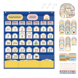 Boho Classroom Calendar Pocket Chart with 127 Cards, Blue Preschool Calendar,Homeschool Family Calendar for Kids,Boho Classroom Decor, Teacher Supplies Preschool Classroom Must Haves