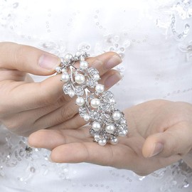 Ever Faith Austrian Crystal Cream Simulated Pearls Bridal Stretch Bracelet Clear Silver-Tone