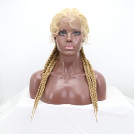 xiweiya Mixed Blonde Braids Wig 100% Hand Braided Swiss Lace Front Dutch Twins Blonde Braided Wigs with Baby Hair Lightweight Middle Part Braided Wig for Women 4x Twisted Braids Wig 30 inch