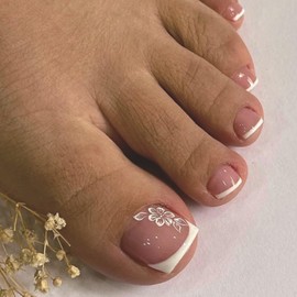 Square False Toenail Short - 24Pcs White French Fake Toe Nail with Flower - Full Cover Acrylic French Tips Toe Nail with Glue DIY at Home Manicure Stick On Toenail for Women