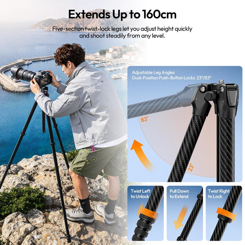 ULANZI TZ01 Carbon Fiber Tripod 64.2inch, 2-in-1 Detachable Center Column