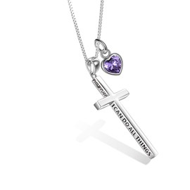 POPLYKE Sterling Silver Cross Pendant Necklace for Women February Birthstone Philippians 4:13 I Can Do All Things Necklace Mothers Day Christmas Gifts for Men Birthday 20+2''