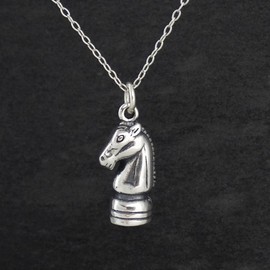 FashionJunkie4Life Sterling Silver 3D Knight Chess Game Piece Pendant Necklace, 18 Inch Chain