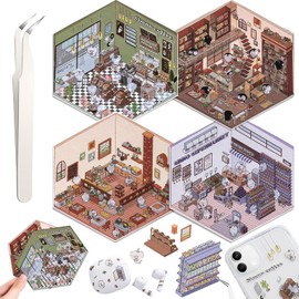 Auiremrti 4 Sets DIY 3D House Sticker Set, Various Themes, 3D Cartoon Scene Stickers, Reusable Stickers, Suitable for Pastime, Includes Tweezers