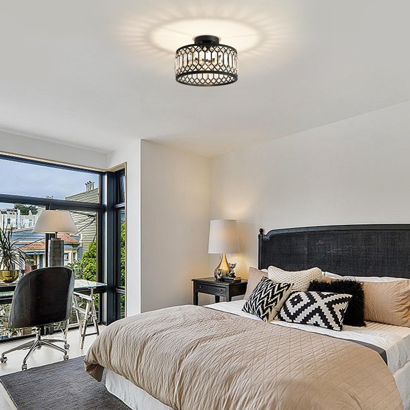 Pevfah Crystal Black Ceiling Light, Modern Semi Flush Mount Ceiling