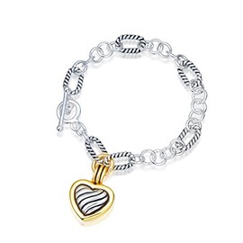 UNY Women's Antique Retro Vintage Link Bracelet with Heart Pendant Silver-Plated and Gold-Plated, 19 centimeters, Copper