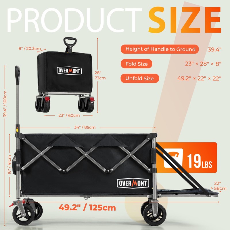 Overmont Collapsible Wagon with Tailgate - 49.2" Extended Heavy Duty