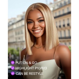 Megalook hair Bob Wig Human Hair Glueless P10/613 Lace Front Wig Human Hair Pre Plucked Glueless Straight Blonde Bob Wig Pre Cut 6x5 HD Lace Closure Short Wigs for Women 12 Inch