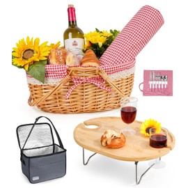 Pink Picnic Basket for 2 with Table and Blanket, Collapsible Cooler Bag Insulated, Picnic Set for Beach, Picnic Hamper, Picnic Date Essentials for Outdoor, Picnic Accessories, Wedding