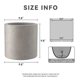 Kante 9.8" Dia Round Concrete Planter, Modern Style Large Cylindrical Plant Pot with Drainage Hole and Rubber Plug for Indoor Outdoor Patio, Weathered Concrete