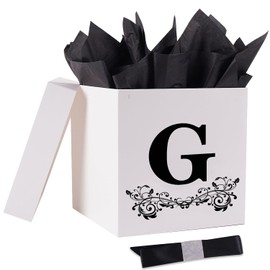 Jaywayang Letter Gift Box with Lid, Ribbon and Warpping Tissue, 8.7" White and Black Gift Box for Men Women Birthday, Baby Shower, Anniversary, Wedding Party Favor Christmas Decorative (Medium Letter G)