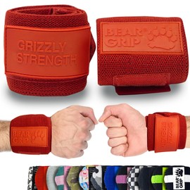 BEAR GRIP - Premium Heavy Duty Weight Lifting Wrist Wraps, Bodybuilding, Crossfit, Powerlifting, StrongMan (Red/Red, 24 Inches)