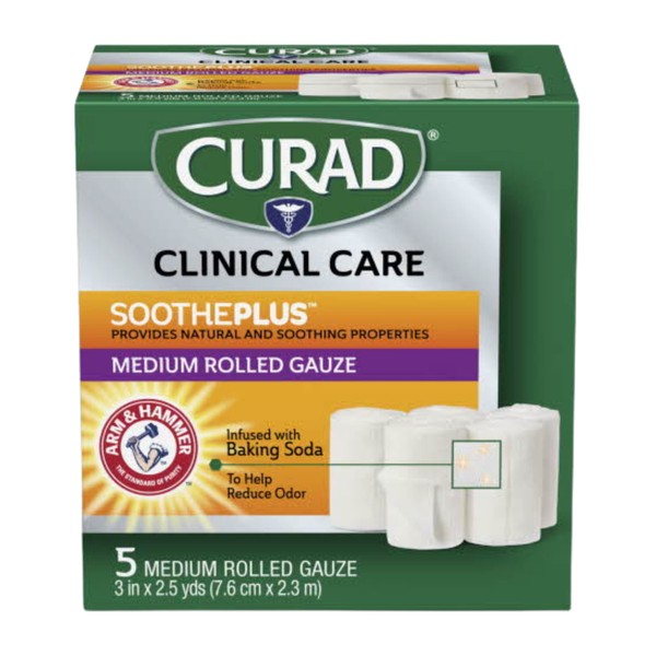Curad SoothePlus Rolled Gauze with Arm & Hammer Baking Soda, 3" x 2.5 yds, 5 count (Pack of 1)