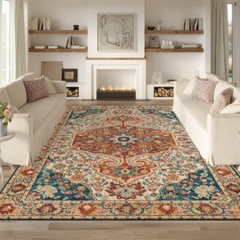 Living Room Rugs,Washable Rugs,Stain Resistant Soft Thin Rug,Vintage Home Decor Non Slip Sound Absorbing Rug, for Bedroom,Office Farmhouse Kitchen Table Carpet (Brown-Blue, 6‘×9’)