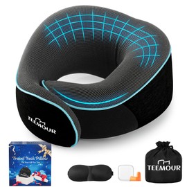 Upgraded Neck Pillow for Airplane Travel - 360° Support Stops Head Bobbing, Memory Foam Travel Pillow With Eye Mask & Earplugs, Portable Carry Bag for Long Flights/Car| Best Airplane Accessories Black