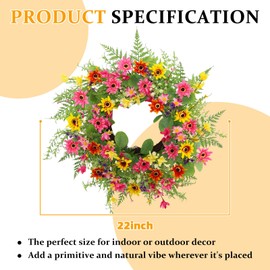 Spring Summer Wreaths for Front Door,22 Inch Artificial Spring Summer Daisy Wreath with Wildflowers,Eucalyptus Leaves for Indoor Outdoor Wall Porch Festival Farmhouse Home Holiday Decor.