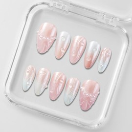 Zfans Almond Shape DreamWear Collection - 100% Handcrafted 3D Press-On Nails | Reusable, Long-Lasting, Salon-Quality Mint Bloom Eco-Friendly Nail Art Set:_Mermaid Fantasy Tail_l