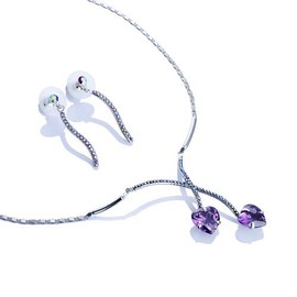 Stylish Jewellery Set, Double Heart Swiss Crystal Elements Necklace & Earrings Jewellery Silver Rhodium or 14K Gold. Romantic Gift Idea For Her Under £10, for Christmas & Anniversary by Janeo